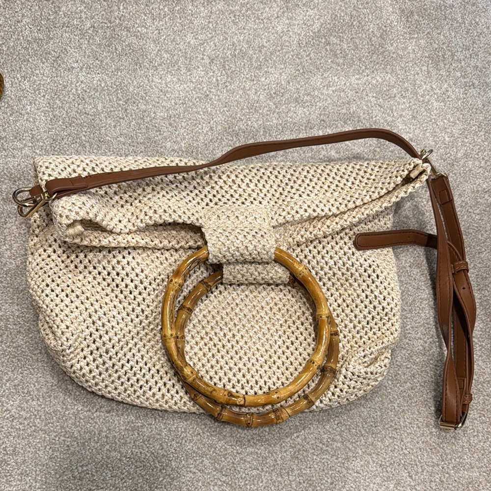 Cream and Brown Crescent Shoulder Bag with Bamboo Accent